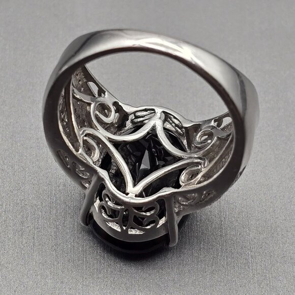STS Sterling Silver Black Spinel Cathedral Ring Size 8 Ornate Filigree 10g - Picture 6 of 16